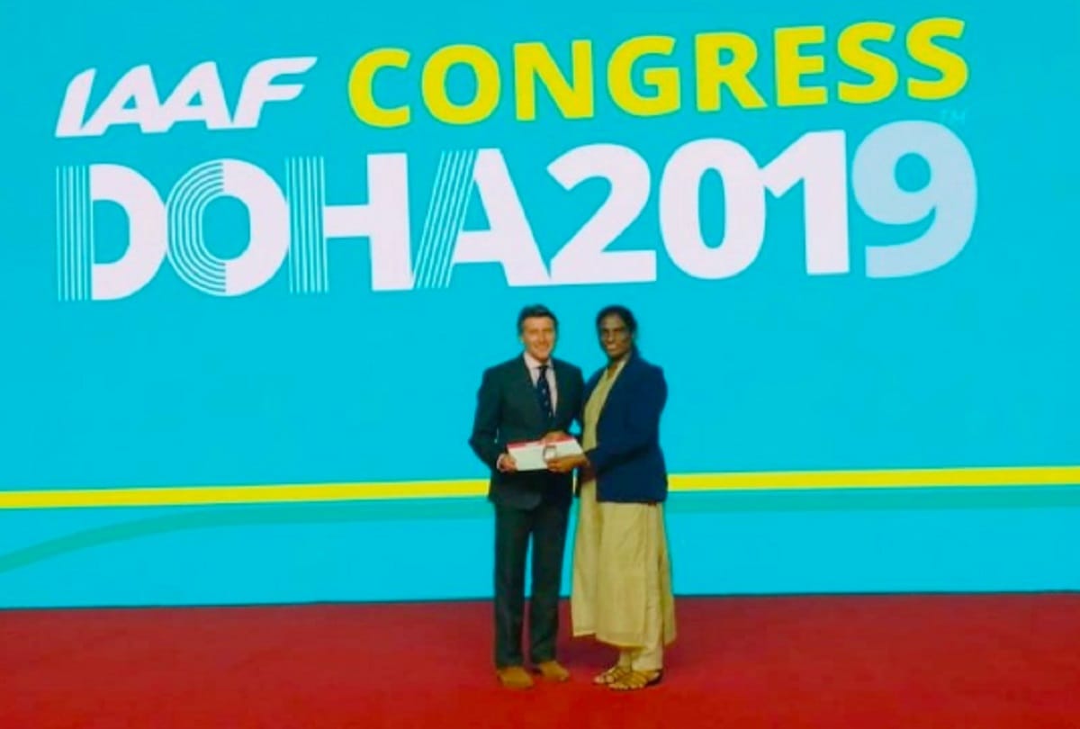 Indian star PT usha awarded with veteran pin award by IAAF in doha