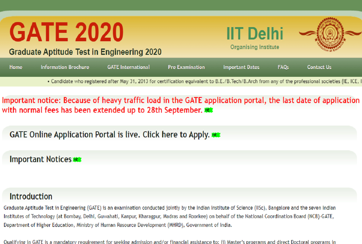 GATE 2020 Application Last Date Update, Notification at IIT Delhi GATE website