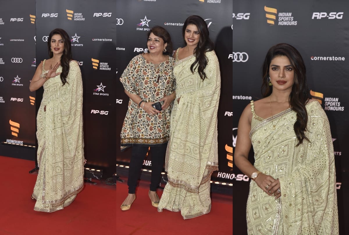 priyanka chopra seen in cream saree in indian sports honours