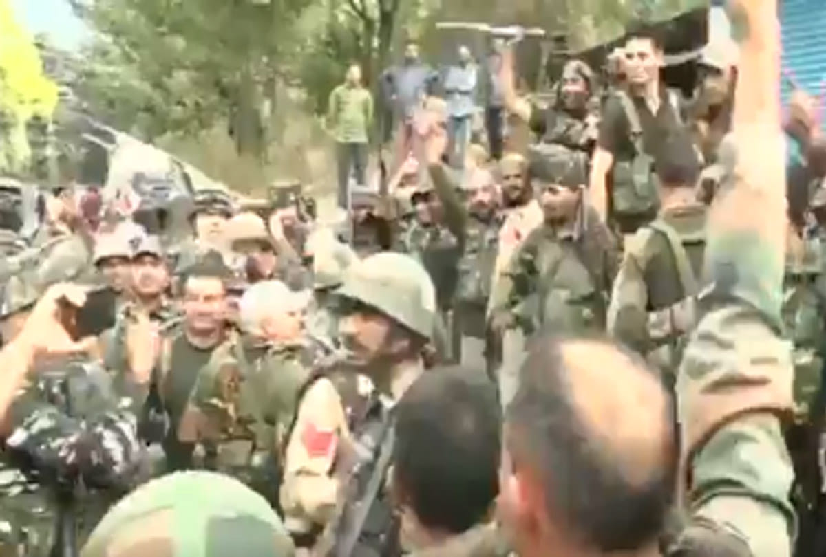 Indian troops celebrate after eliminating  three terrorists in Batote town of Ramban Jammu