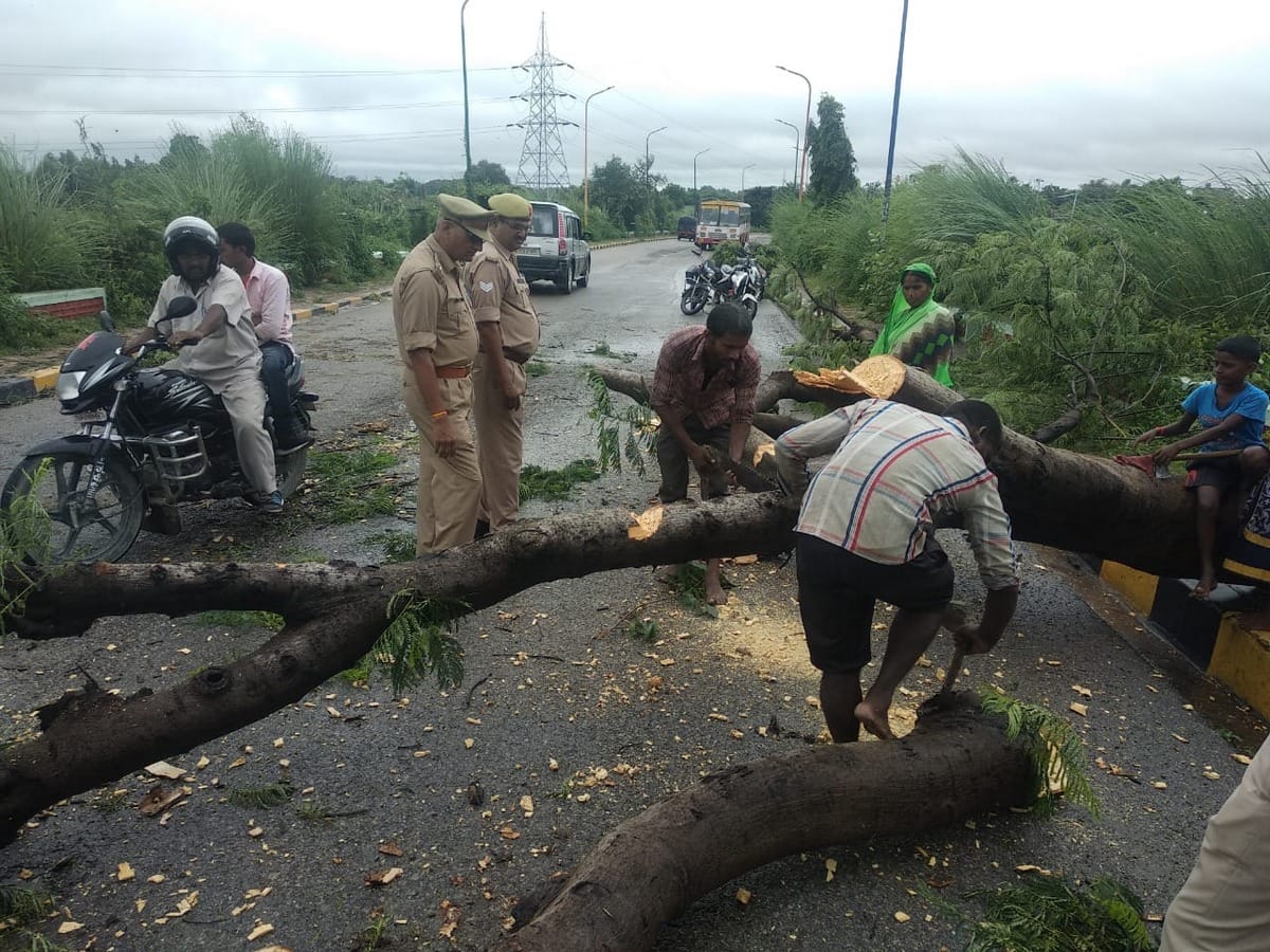 varanasi gorakhpur national highway jammed due to felling of tree in mau