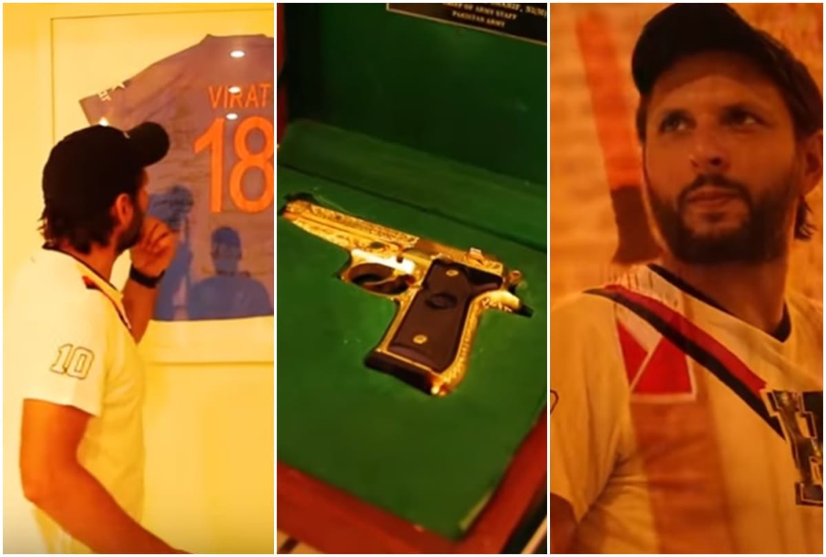 Shahid afridi shows his home kept gold plated pistol, virat jersey and sachin's bat