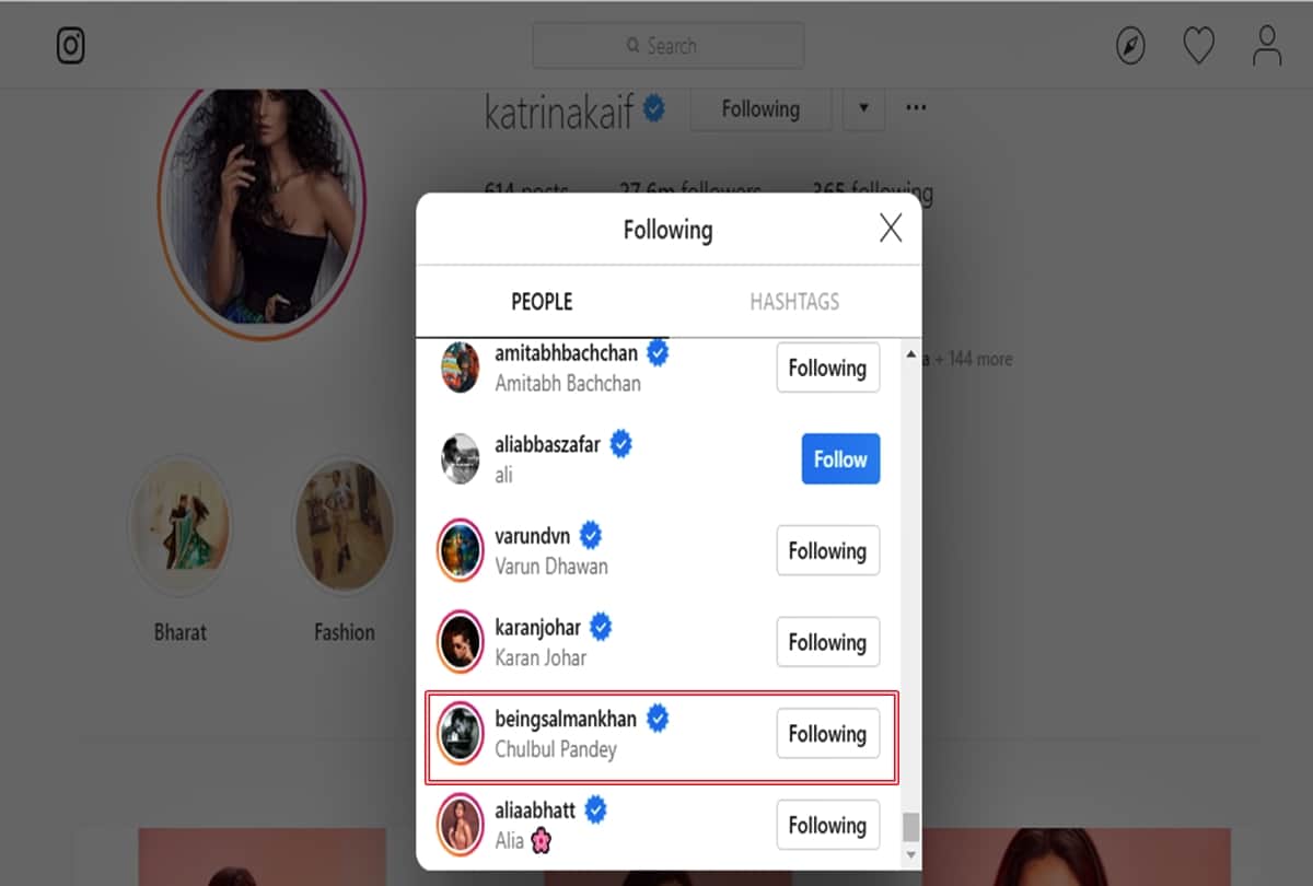 Salman Khan Instagram Following include isabelle kaif but not katrina kaif