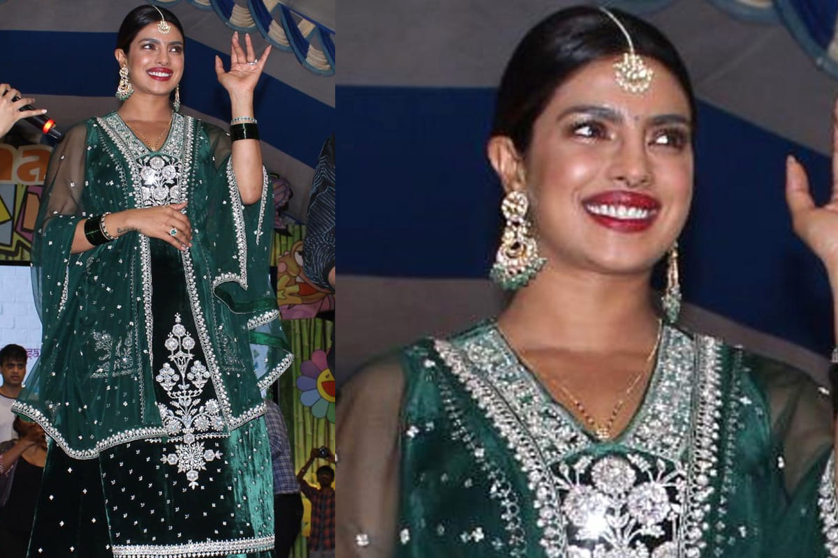 priyanka chopra looks gorgeous in anita dongre velvet green sharara