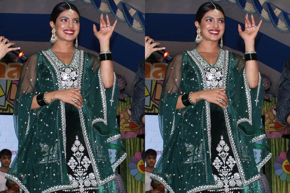 priyanka chopra looks gorgeous in anita dongre velvet green sharara