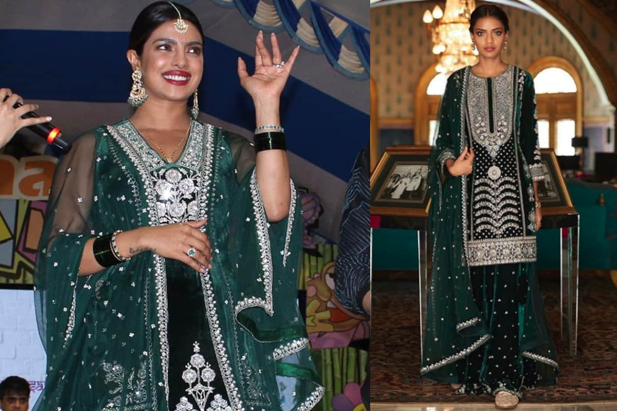 priyanka chopra looks gorgeous in anita dongre velvet green sharara
