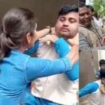 शोहदे की पिटाई करती युवती