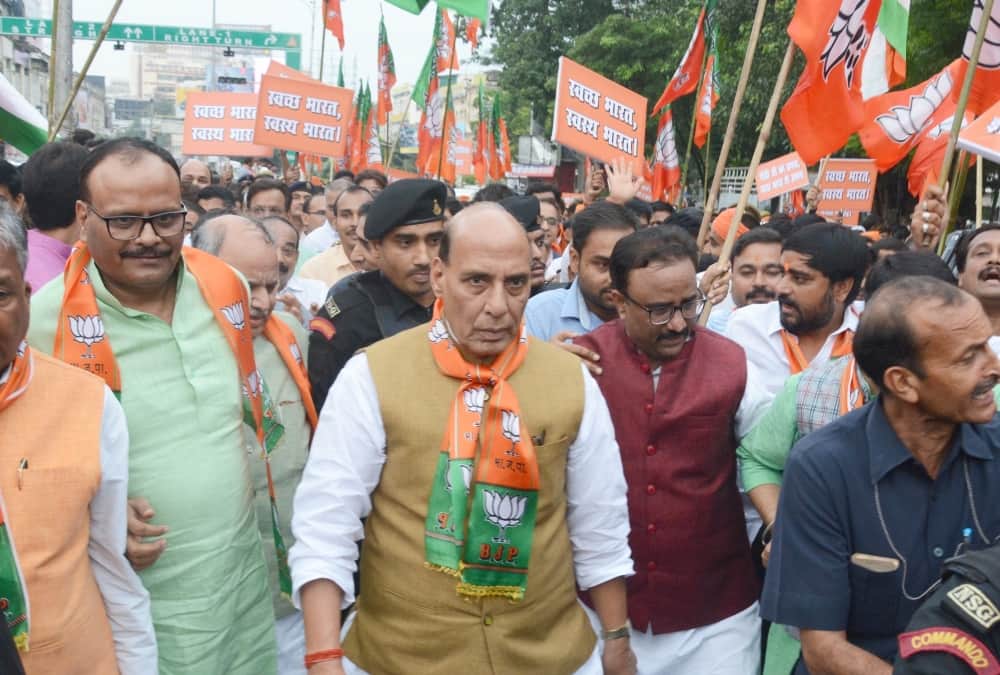 Defence minister Rajnath Singh in Lucknow on Gandhi jayanti.