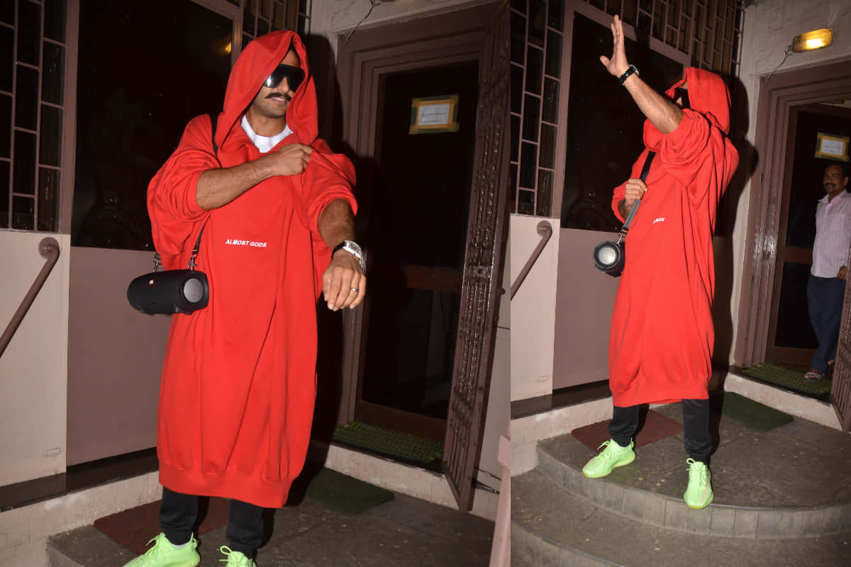 ranveer singh spotted in red long hoodie bizarre look outside dubbing studio in mumbai
