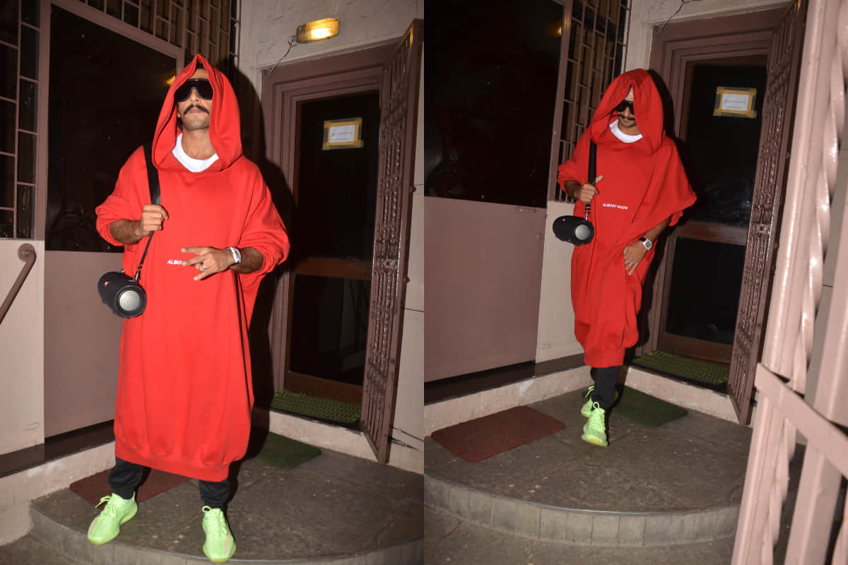 ranveer singh spotted in red long hoodie bizarre look outside dubbing studio in mumbai