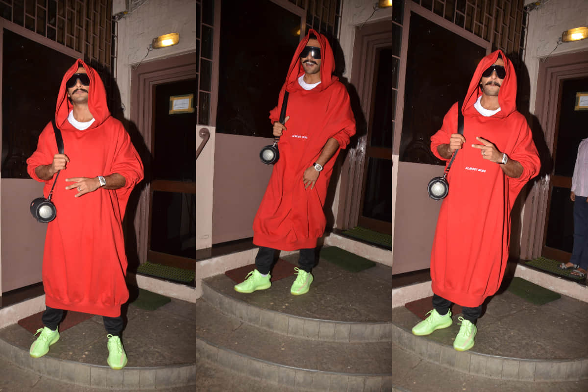 ranveer singh spotted in red long hoodie bizarre look outside dubbing studio in mumbai