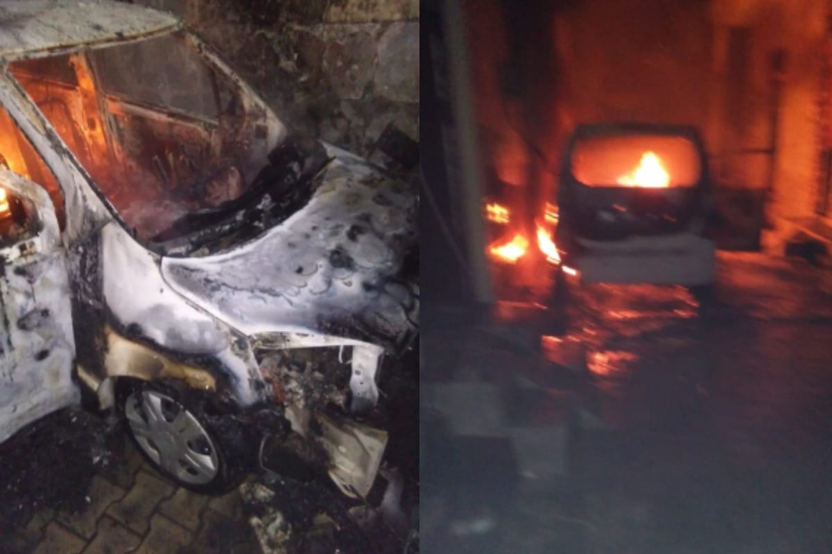 sudden fire in a car parked outside the housein partapur Meerut