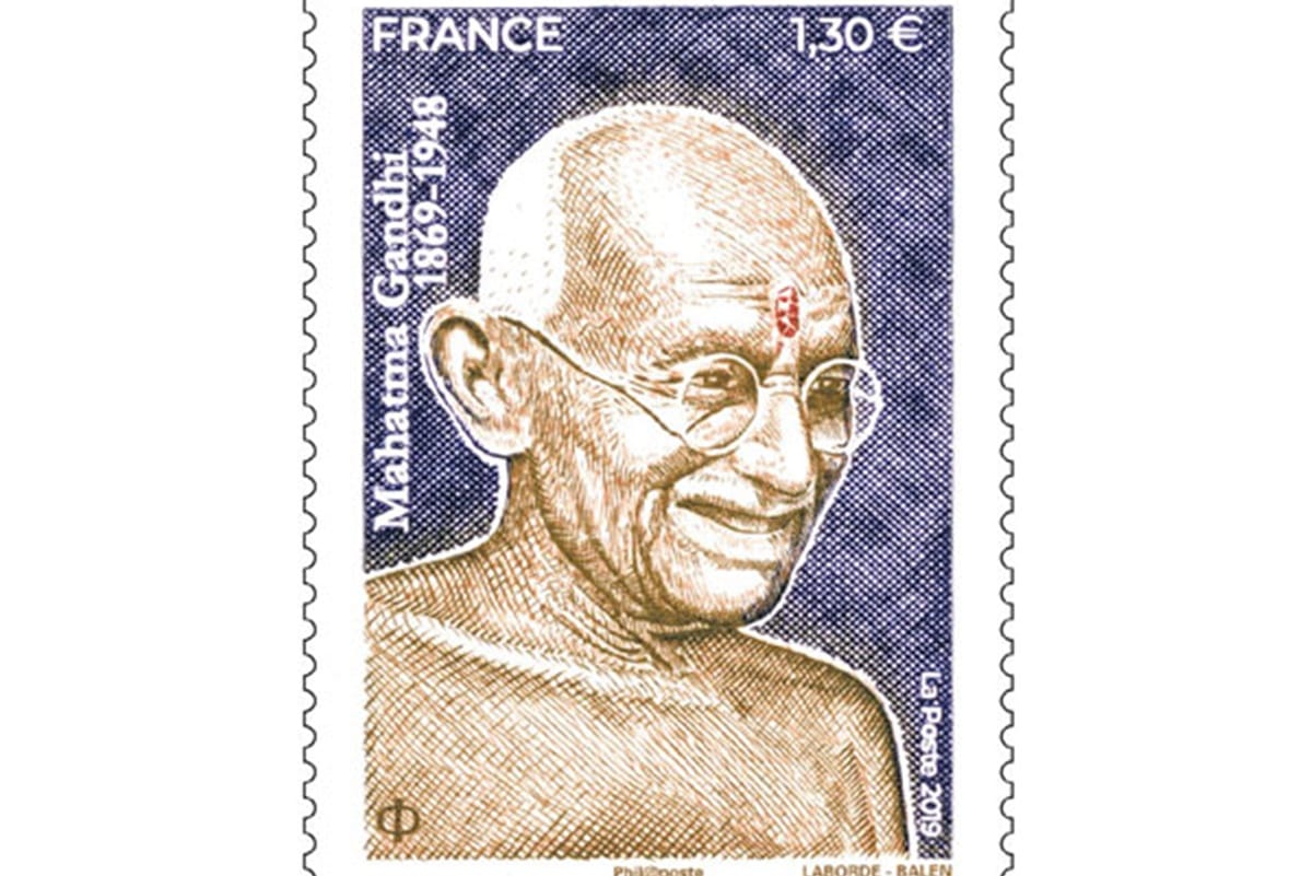 postage stamp bearing image of Mahatma Gandhi issued by French postal service La Poste