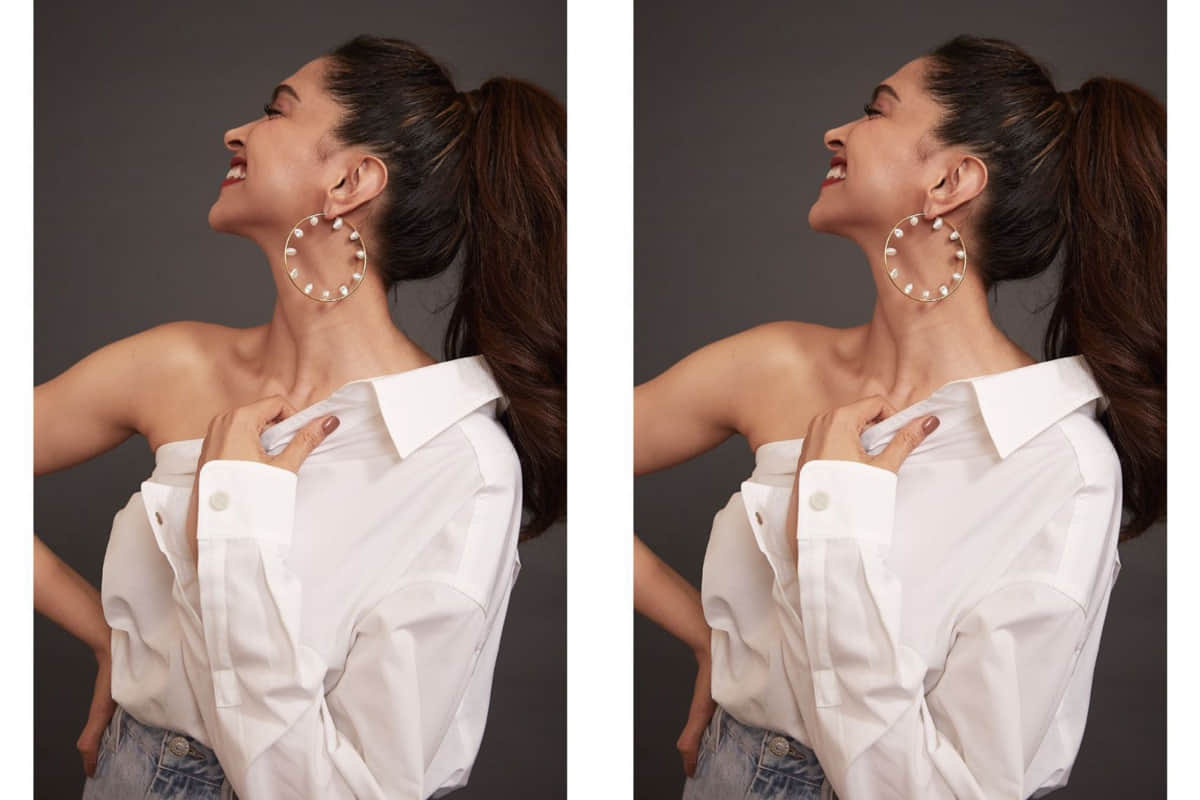 deepika padukone pearl hoop earrings one shoulder shirt and jeans looks super cool