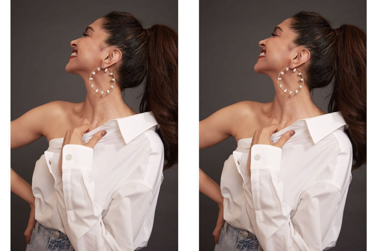 deepika padukone pearl hoop earrings one shoulder shirt and jeans looks super cool
