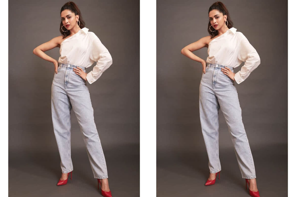 deepika padukone pearl hoop earrings one shoulder shirt and jeans looks super cool