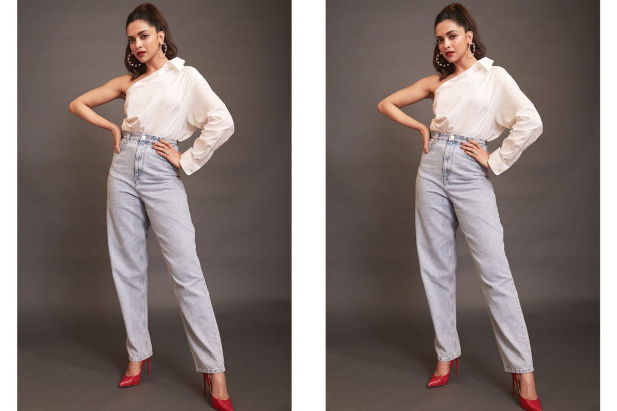 deepika padukone pearl hoop earrings one shoulder shirt and jeans looks super cool