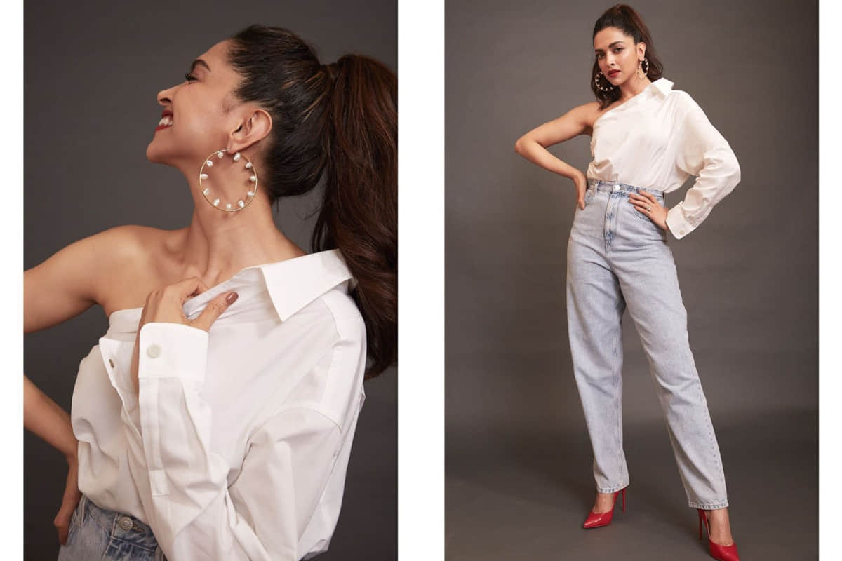 deepika padukone pearl hoop earrings one shoulder shirt and jeans looks super cool