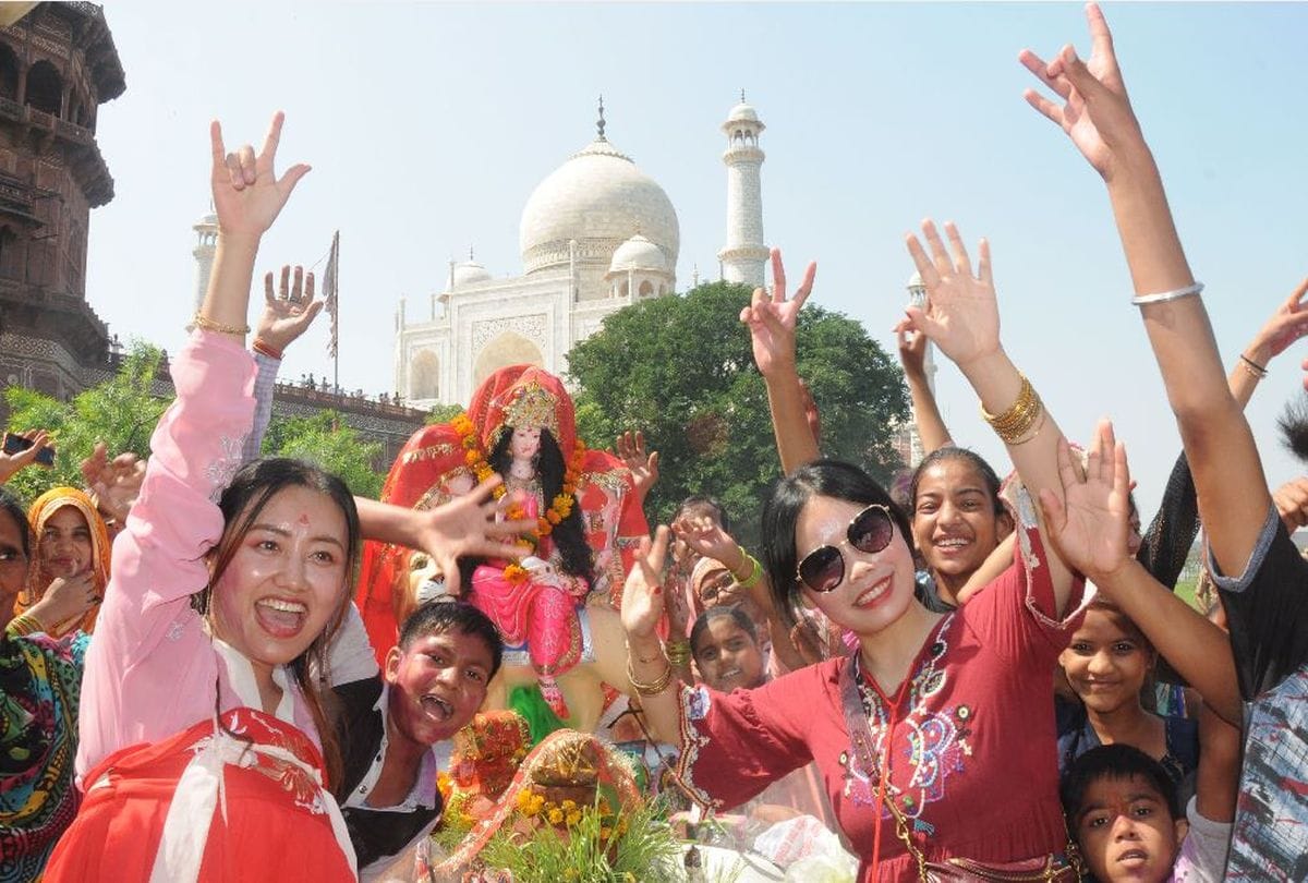 Durga Idol Immersions in Yamuna Water Devotees Pary