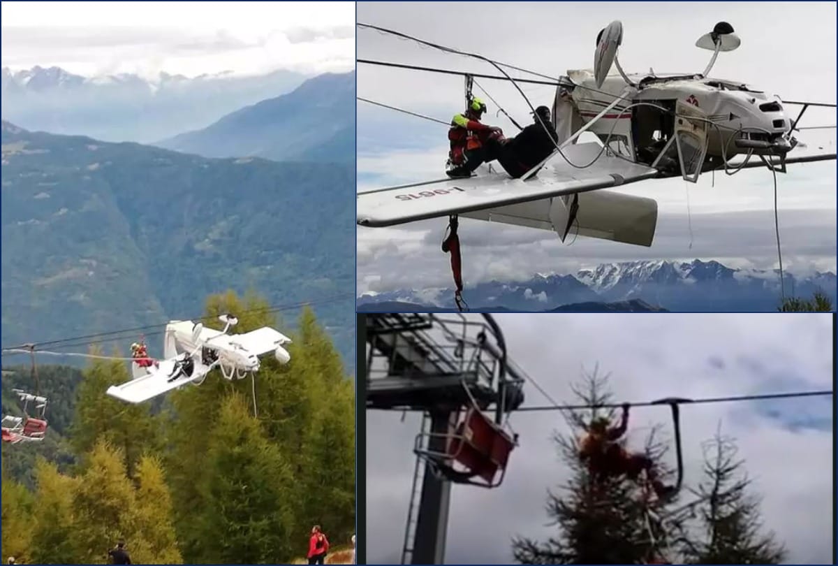 A Small Plane Dangles Upside Down From Ski Lift Cables After Crash In Italian alps