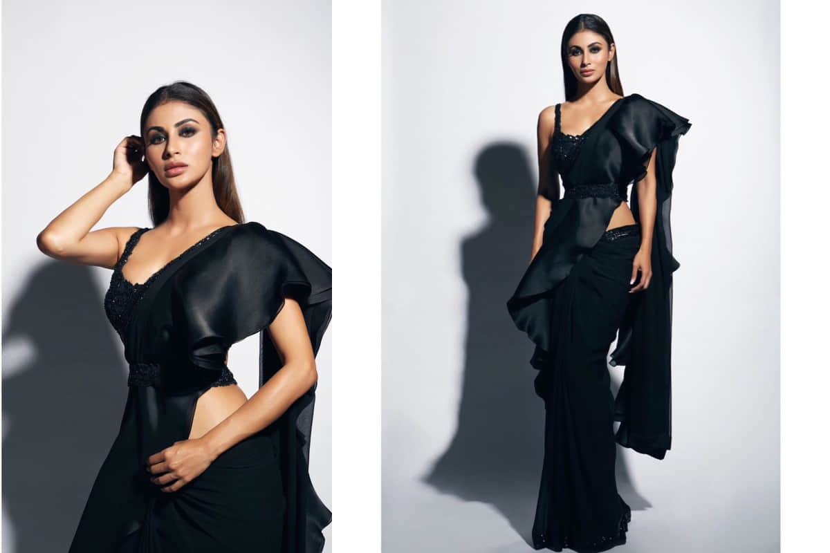 mouni roy looks gorgeous in black saree for film promotion
