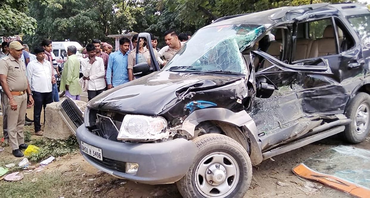 the collesion of roadwase bus and tata safari car, four person injured