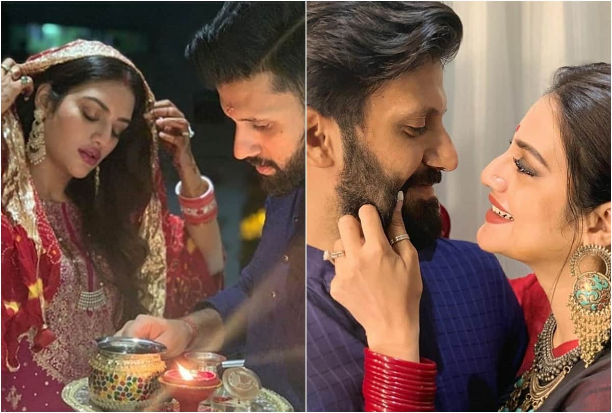 nusrat jahan nikhil jain karwa chauth 2019 viral Photos with NJ Bangles