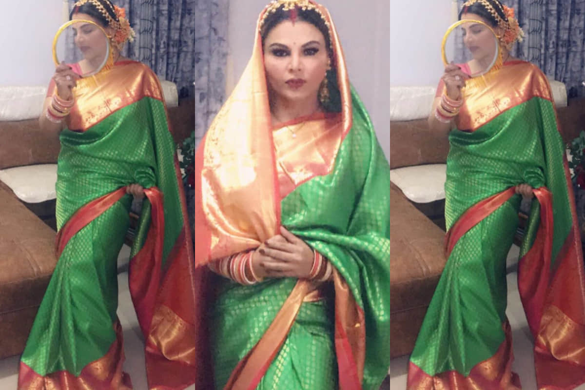 karva chauth 2019 rakhi sawant in green silk saree look elegant