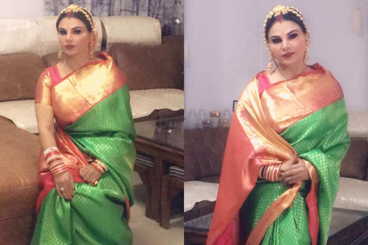 karva chauth 2019 rakhi sawant in green silk saree look elegant