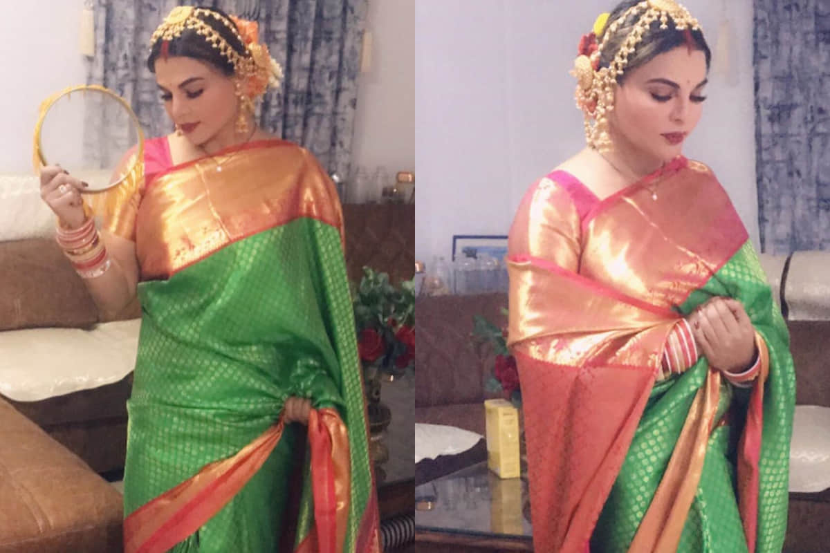 karva chauth 2019 rakhi sawant in green silk saree look elegant