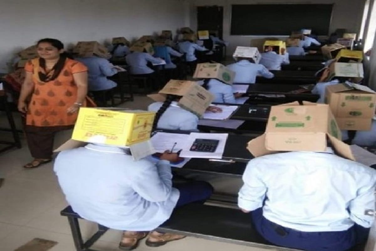 students were made to wear cardboard boxes during an exam to stop them from cheating in Karnataka