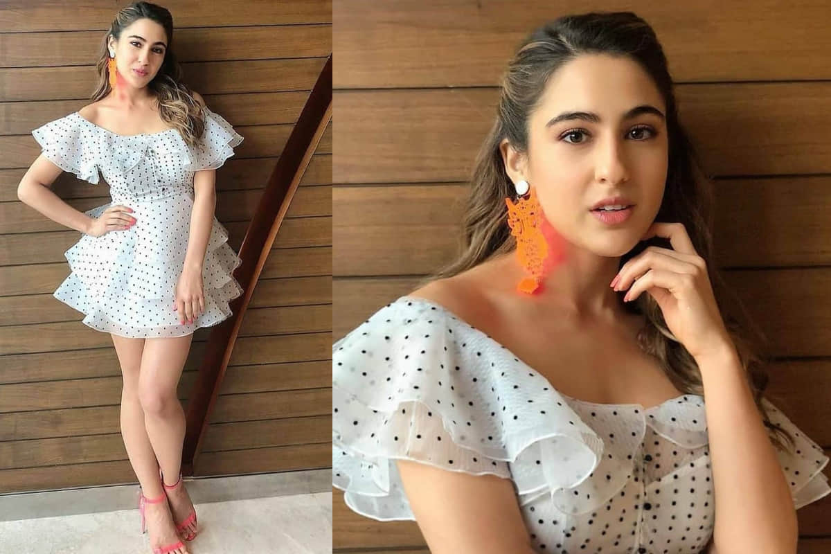 sara ali khan slays in sassy white polka mini dress