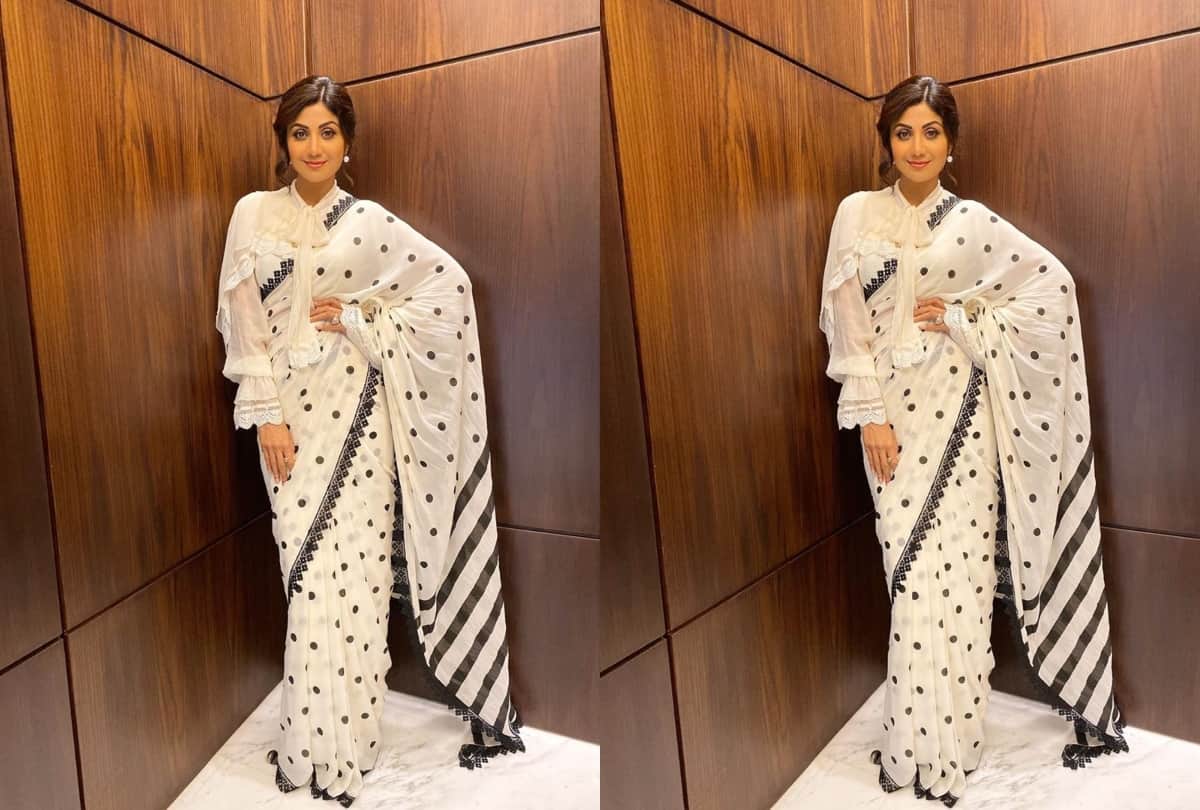 shilpa shetty in white and black polka dots saree