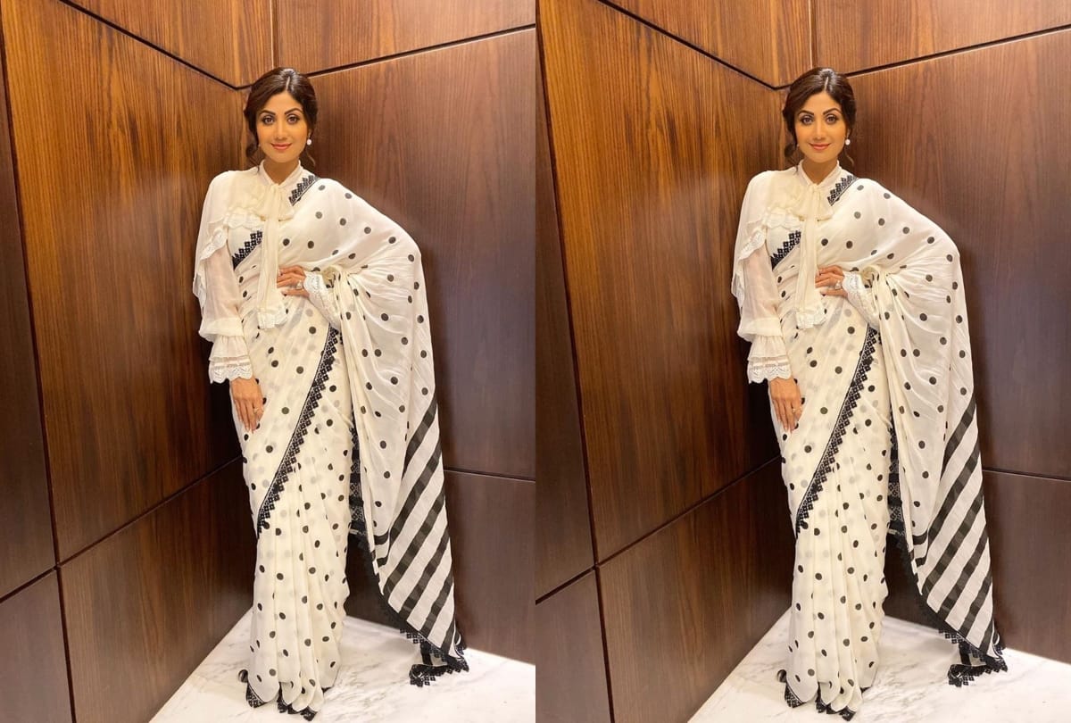 shilpa shetty in white and black polka dots saree