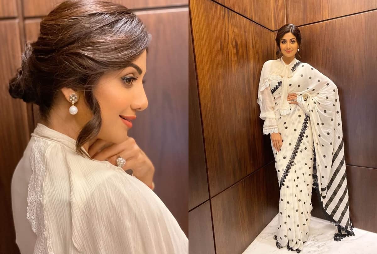 shilpa shetty in white and black polka dots saree