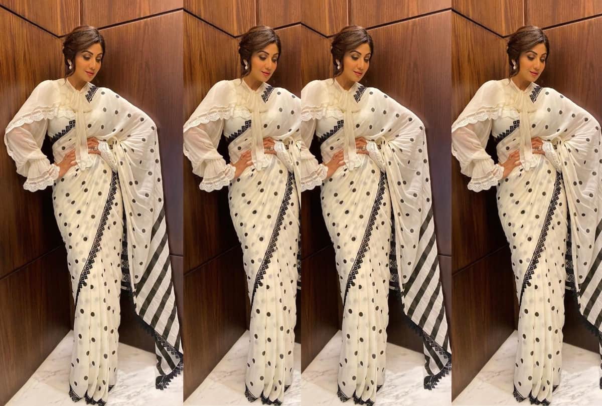 shilpa shetty in white and black polka dots saree