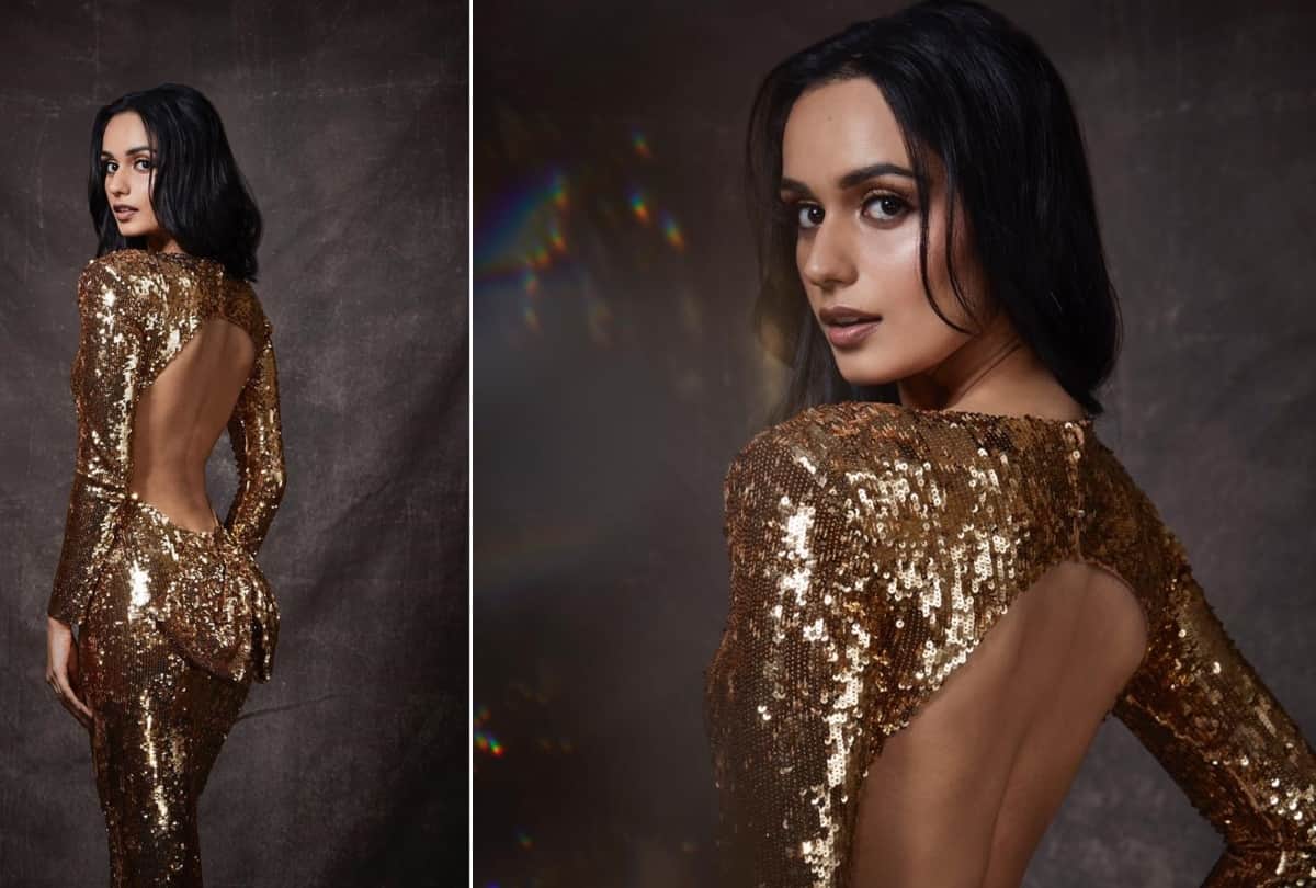 manushi chhillar in anaita adajania designer golden gown at vogue woman of the year award 2019