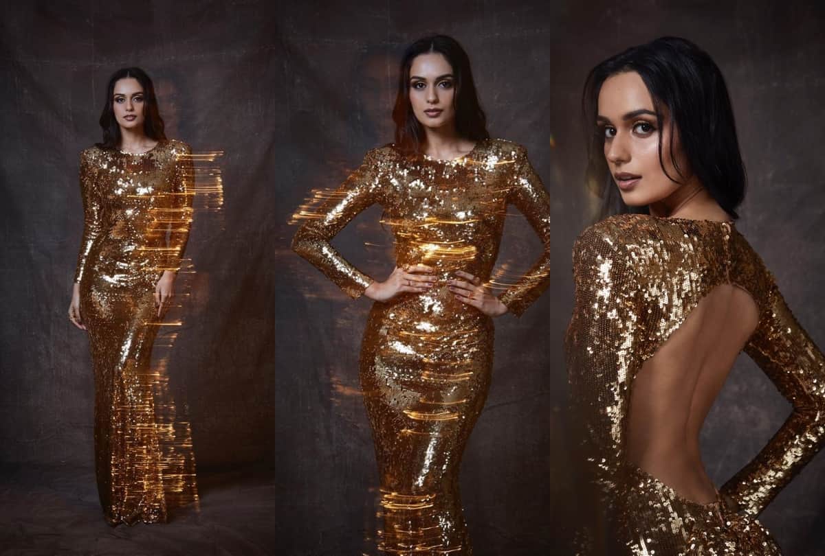manushi chhillar in anaita adajania designer golden gown at vogue woman of the year award 2019