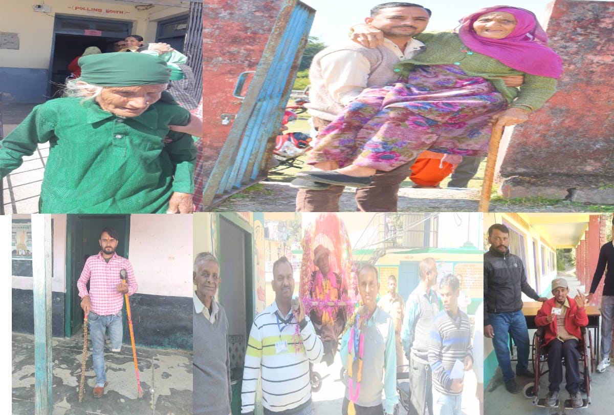 by election: elderly and divyang voter reached polling station on  palanquin and a wheelchair