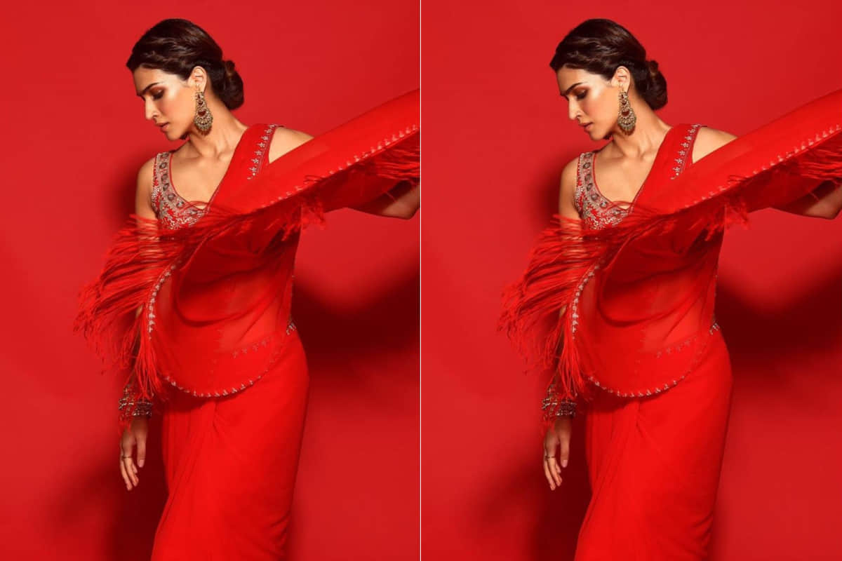 kriti sanon looks sizzling in anita dongre glamorous red saree