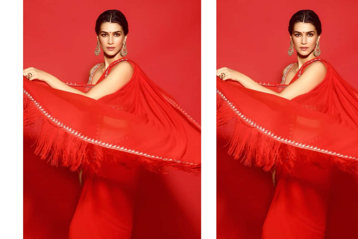 kriti sanon looks sizzling in anita dongre glamorous red saree