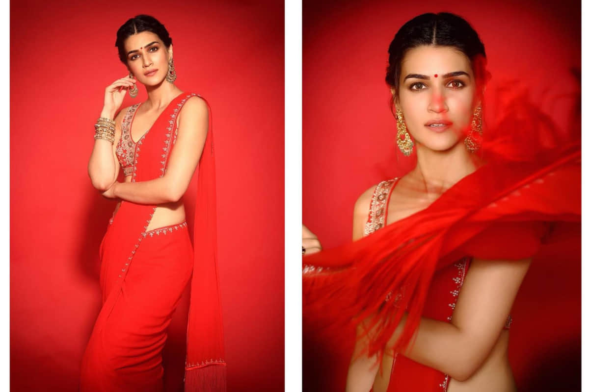 kriti sanon looks sizzling in anita dongre glamorous red saree