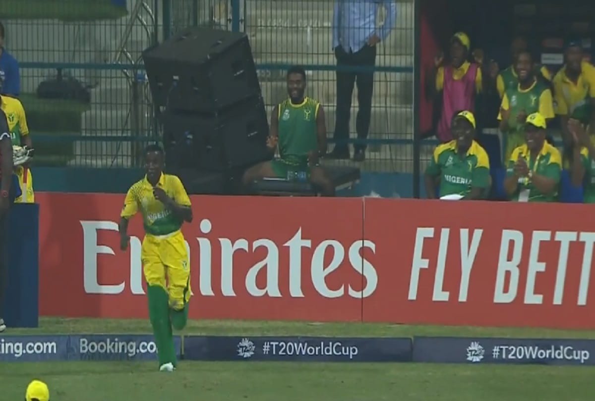T20 qualifier Nigeria batsman Sulaimon Runsewe runs off the ground for bathroom break against Canada