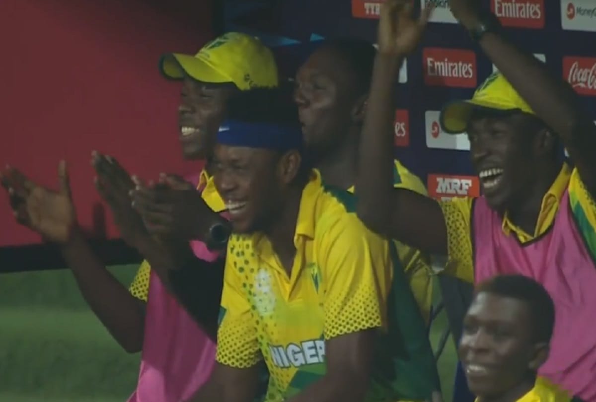 T20 qualifier Nigeria batsman Sulaimon Runsewe runs off the ground for bathroom break against Canada