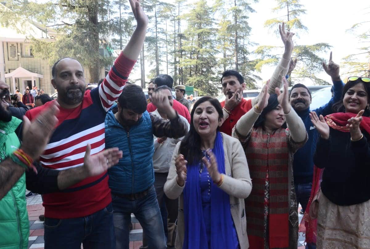 BJP win By-election in pachhad and dharamshala celebration in shimla with CM Jairam Thakur