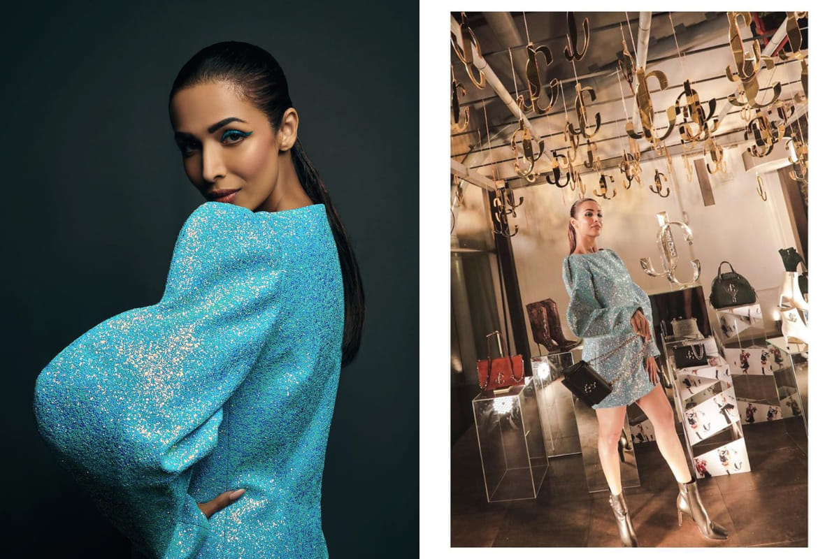 malaika arora slays in extra blue shimmery outfit in jimmy choo collection