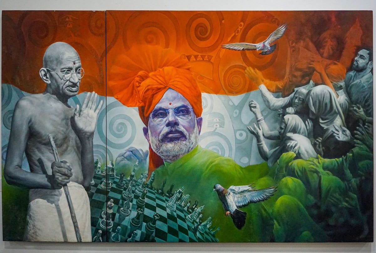 Painting of PM modi with gandhiji fetch 25 Lac rupees Narendra modi gift auction completed