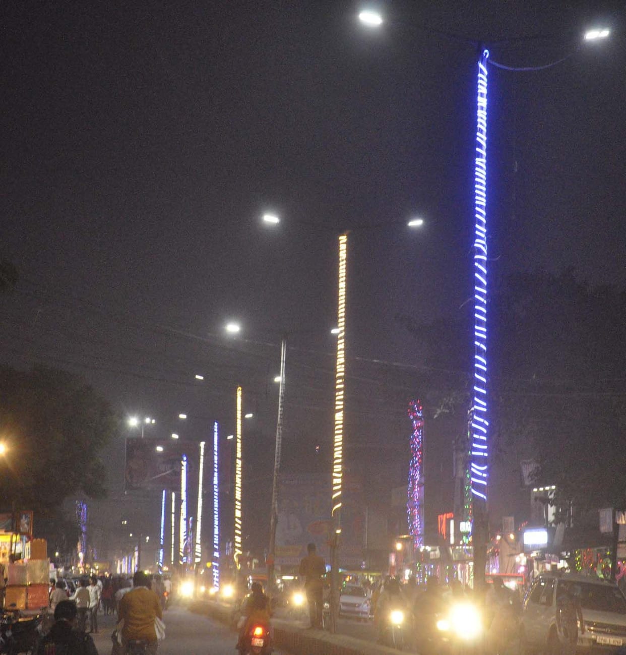 City decorated with colorful lights