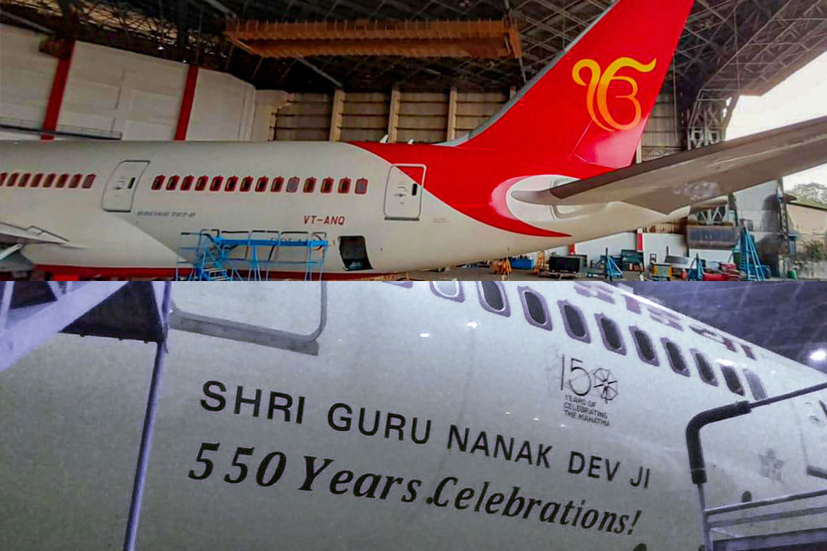 air india decorate the aircraft with sign of 'ek onkar' on the occasion of 550th prakash parv