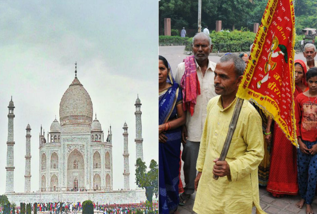 tourist group reached west gate of Taj Mahal with Shri Ram banner